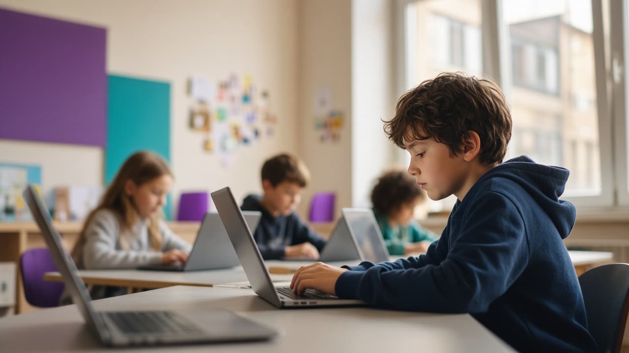 Деца и преподавател в клас по програмиране на Algorithmics